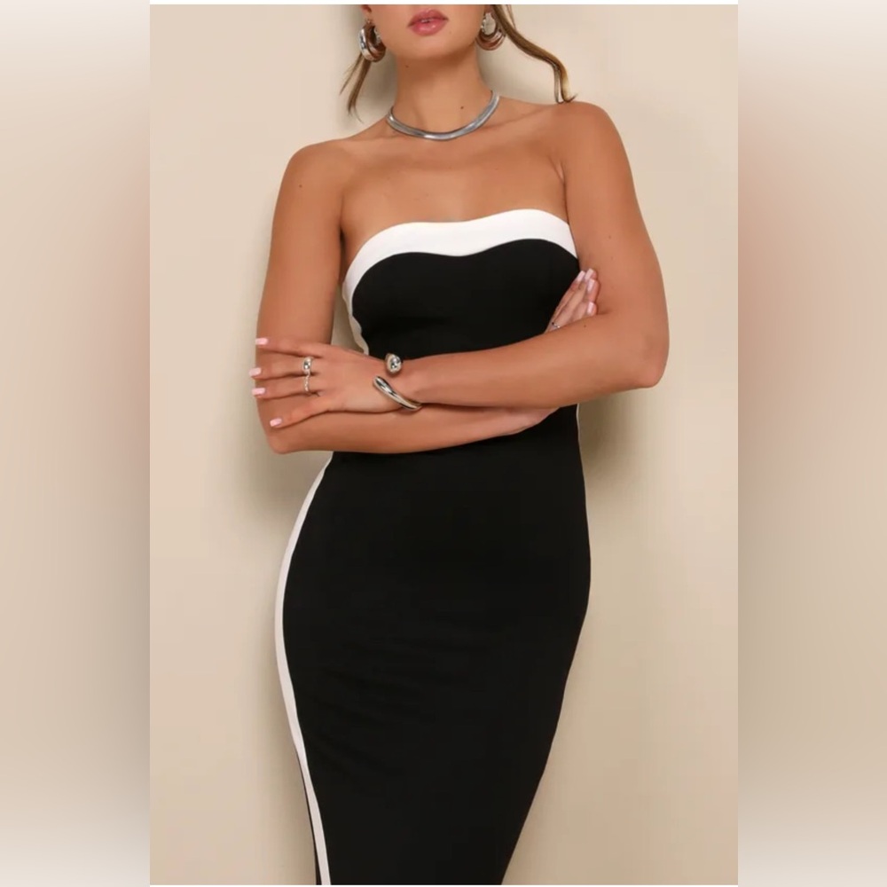 New Lulus Impressive Edge Black Color Block Strapless Midi Dress Size Large - Picture 5 of 5